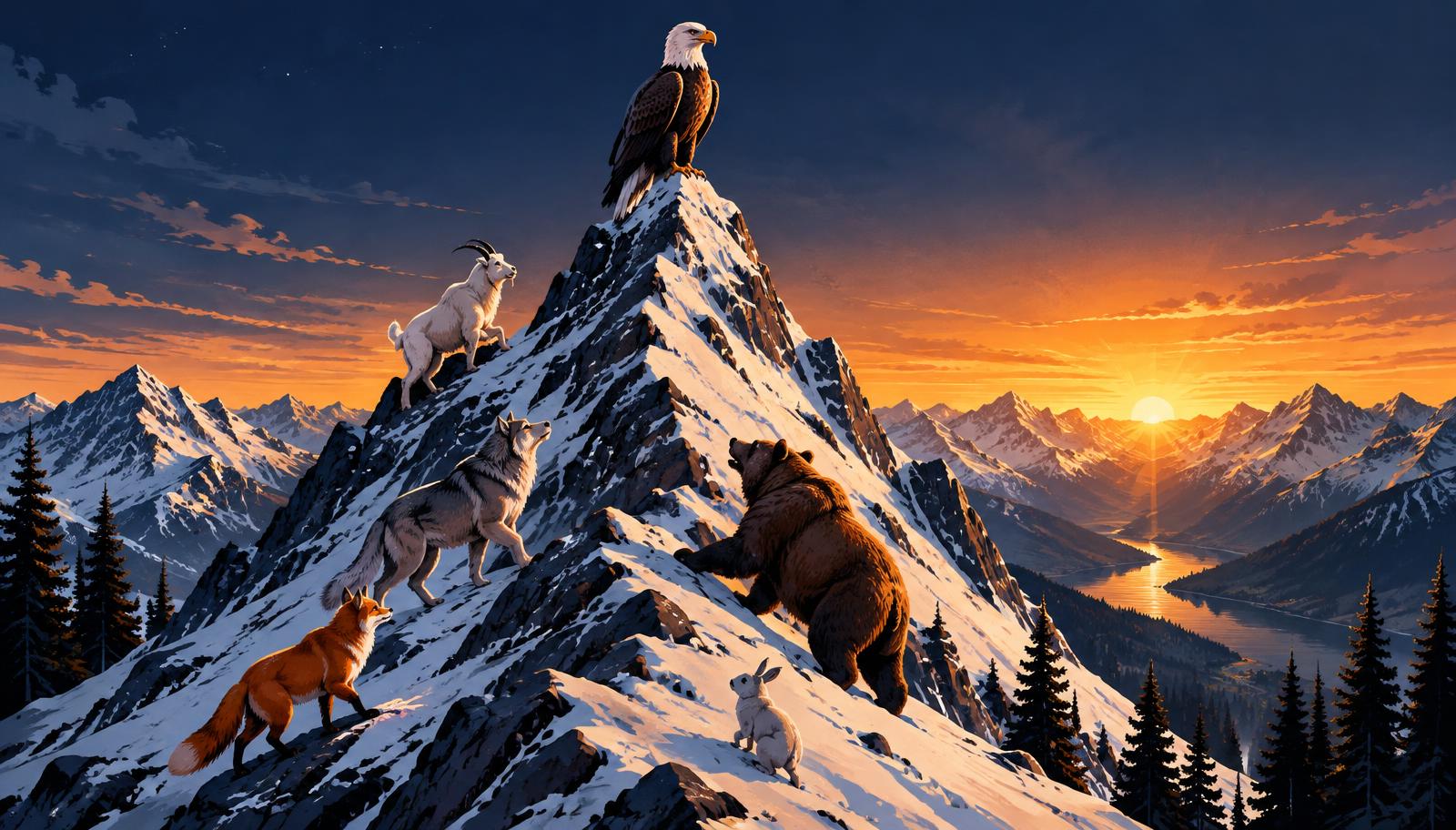 Animals racing up a snowy peak toward an eagle at the summit